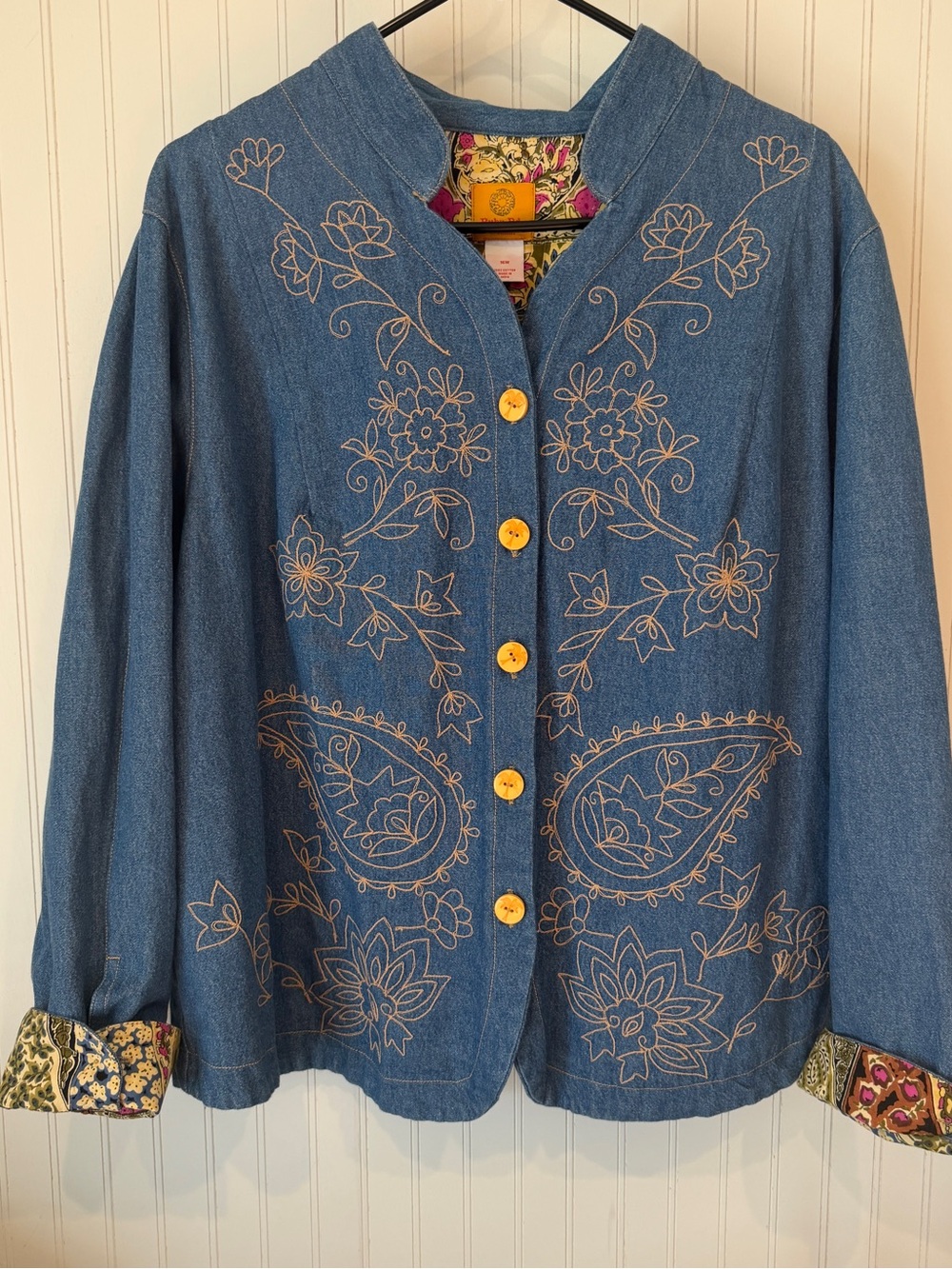 Ruby Rd Woman 1X Embroidered Denim Jacket Paisley Floral Boho 100% Cotton